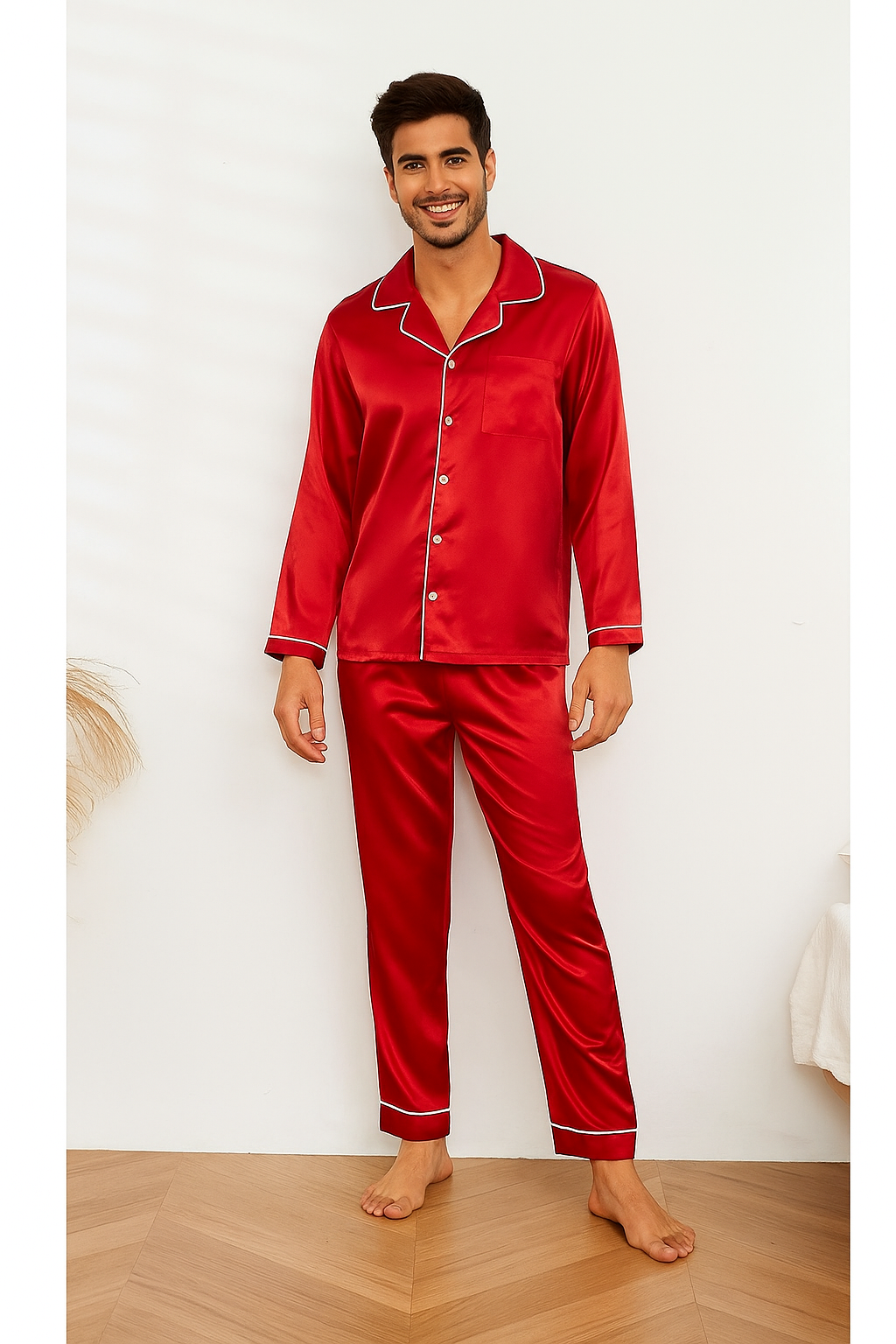 Couple Silk Night Suit - Red