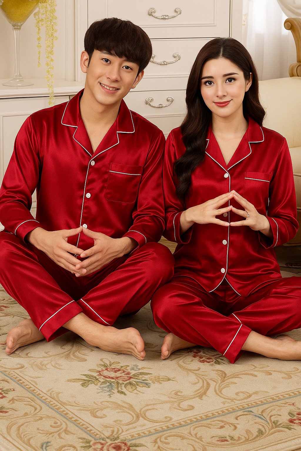 Couple Silk Night Suit - Red