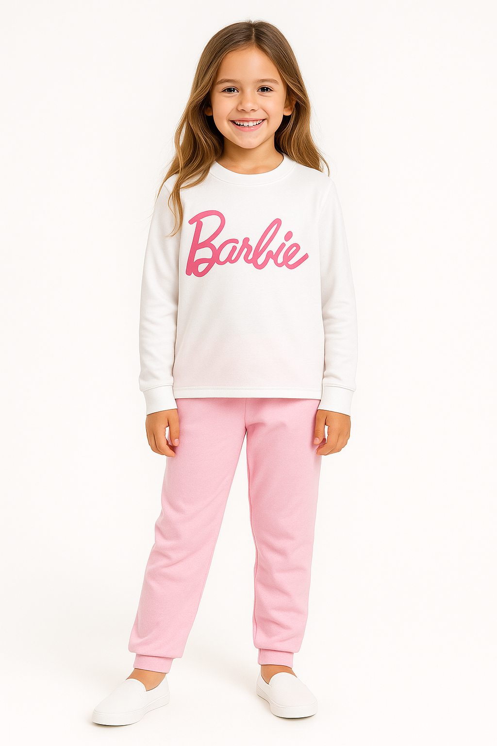 Kids Full Sleeves White Barbie Shrit Light Pink Trouser