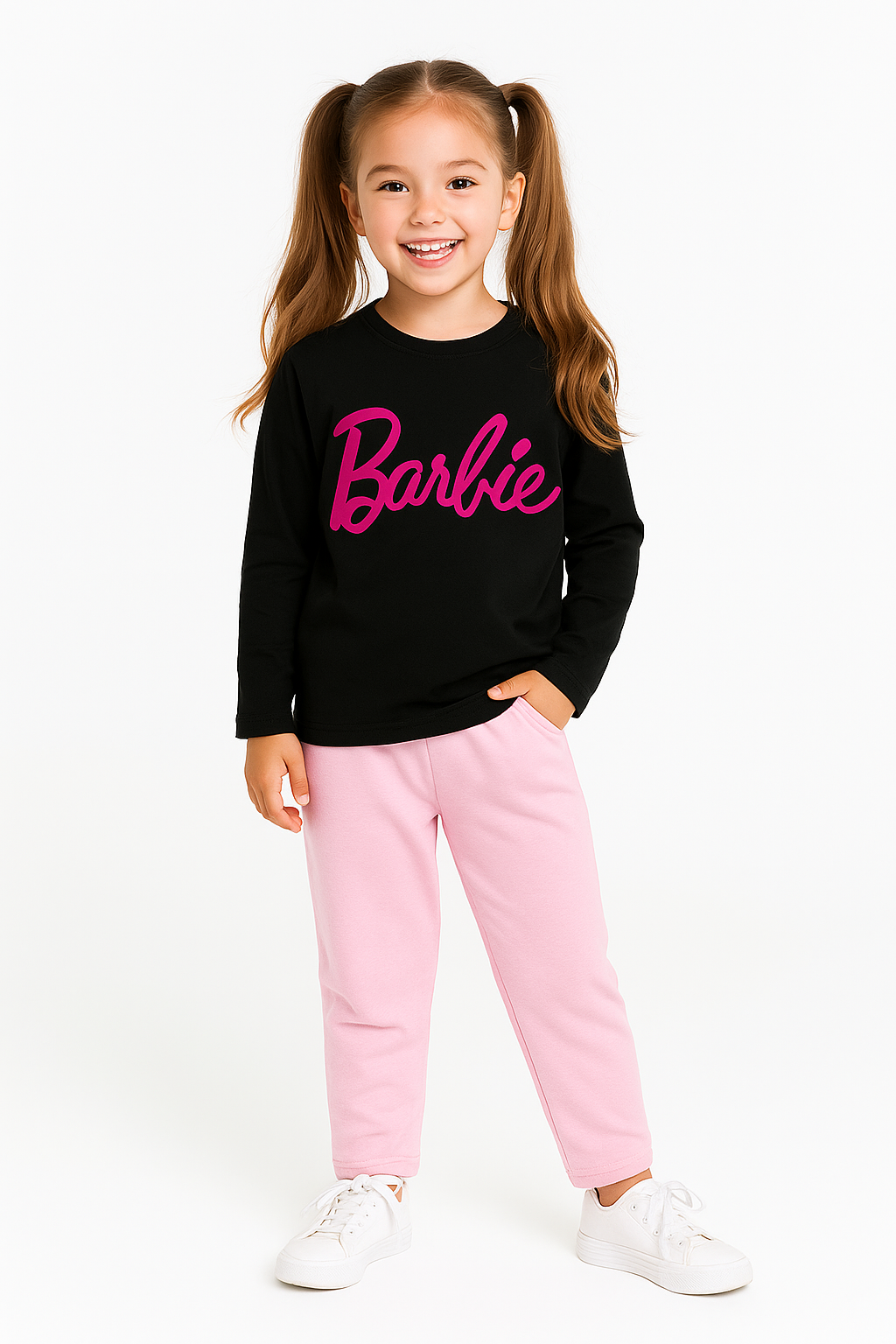 Kids Full sleeves Black Barbie Light Pink Trouser