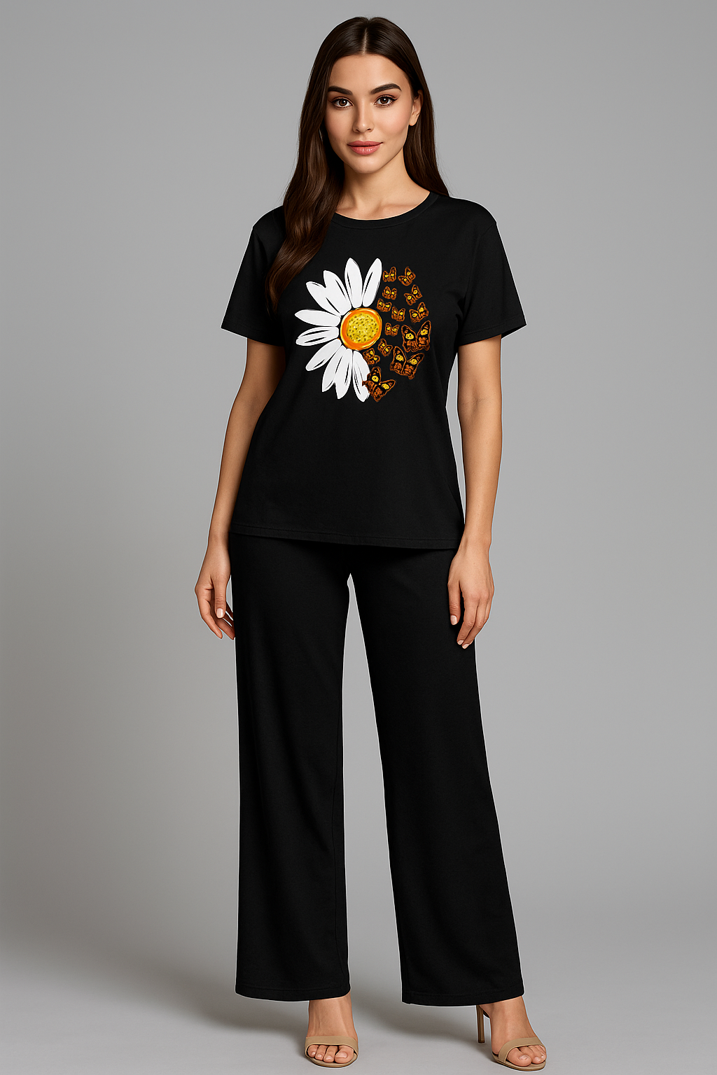 White & yellow Printed Full Sleeves Black Frill with Black Palazzo Pajama Lounge Wear