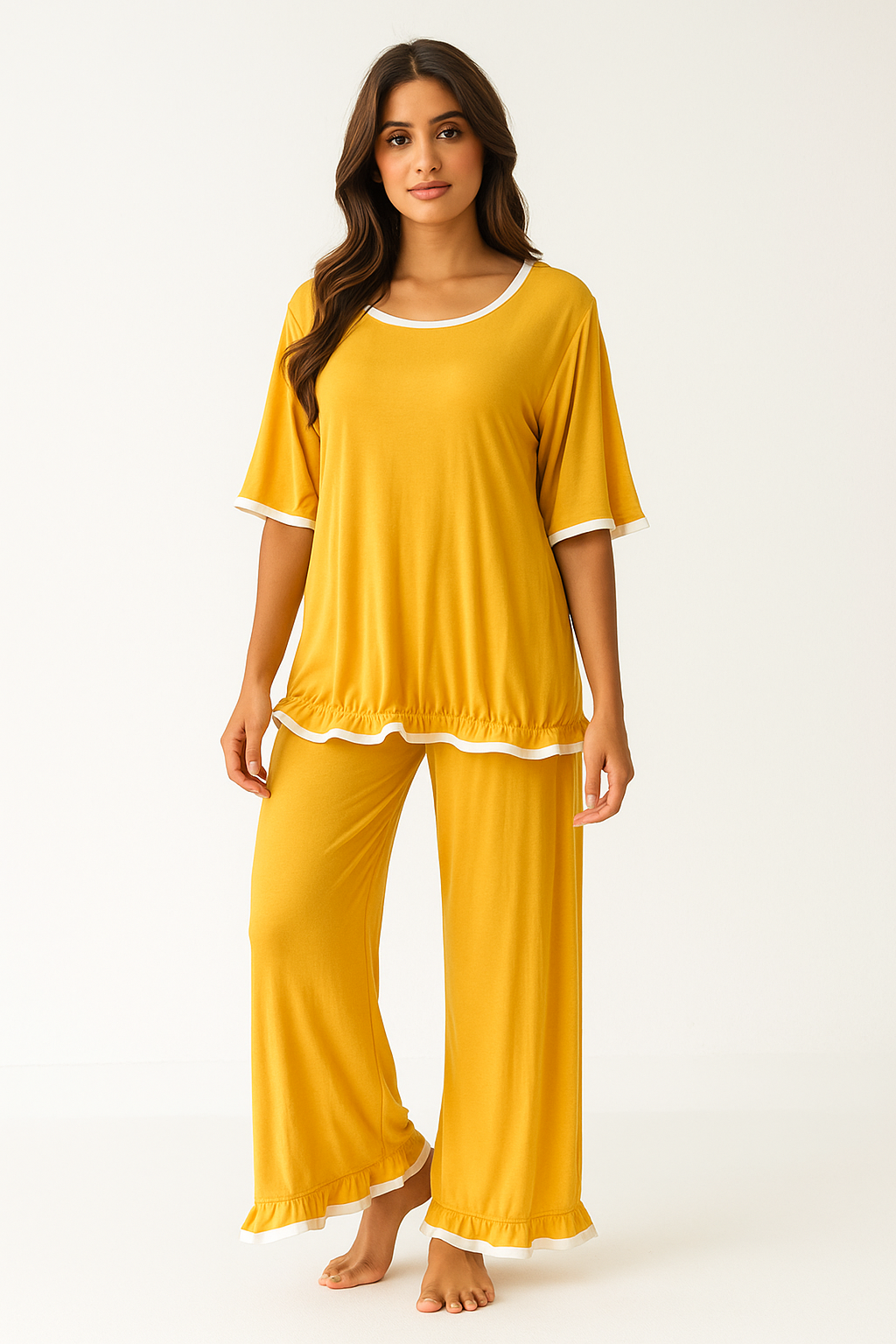 Women’s Mustard Yellow Ruffle Trim Loungewear Set
