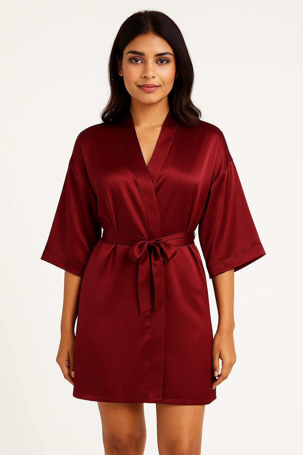 ✨ Elegant Wine Red Satin Kimono Robe – Gown