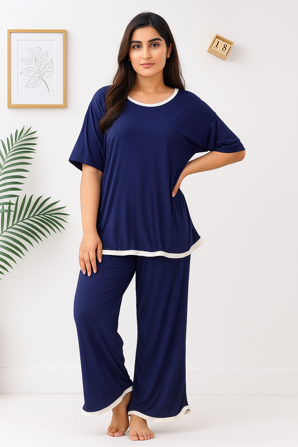 Women’s Elegant Lounge Wear Set – Navy Blue with White Contrast Edges