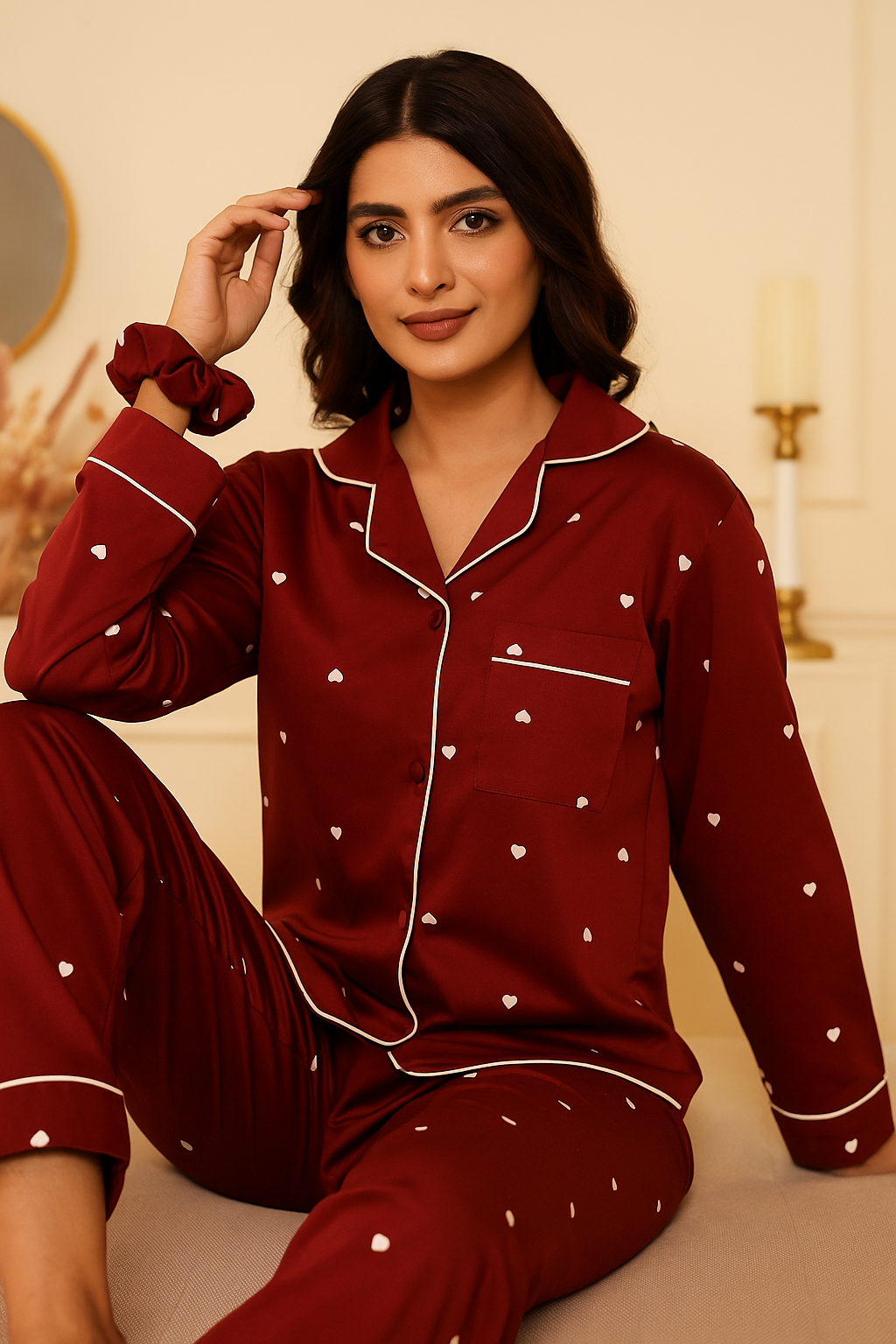 Red Premium Silk With Heart All Over Printed