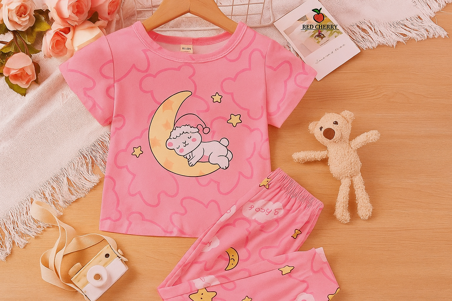 Kids Half Sleeves Pink Moon PRINTED NIGHT SUIT