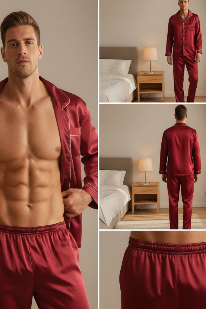 Men's Silk Night Suit - Maroon