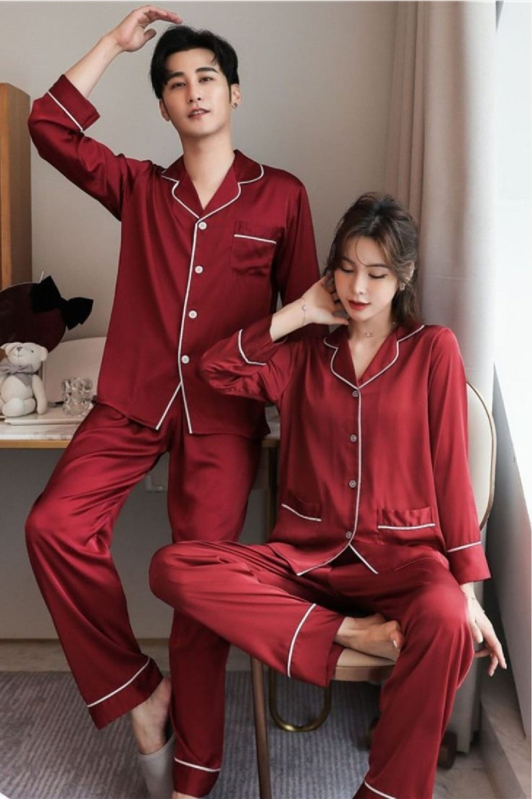 Couple Silk Night Suit - Red