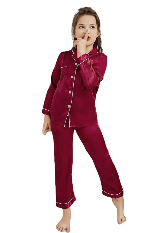 Kids Silk Night Suit - Maroon