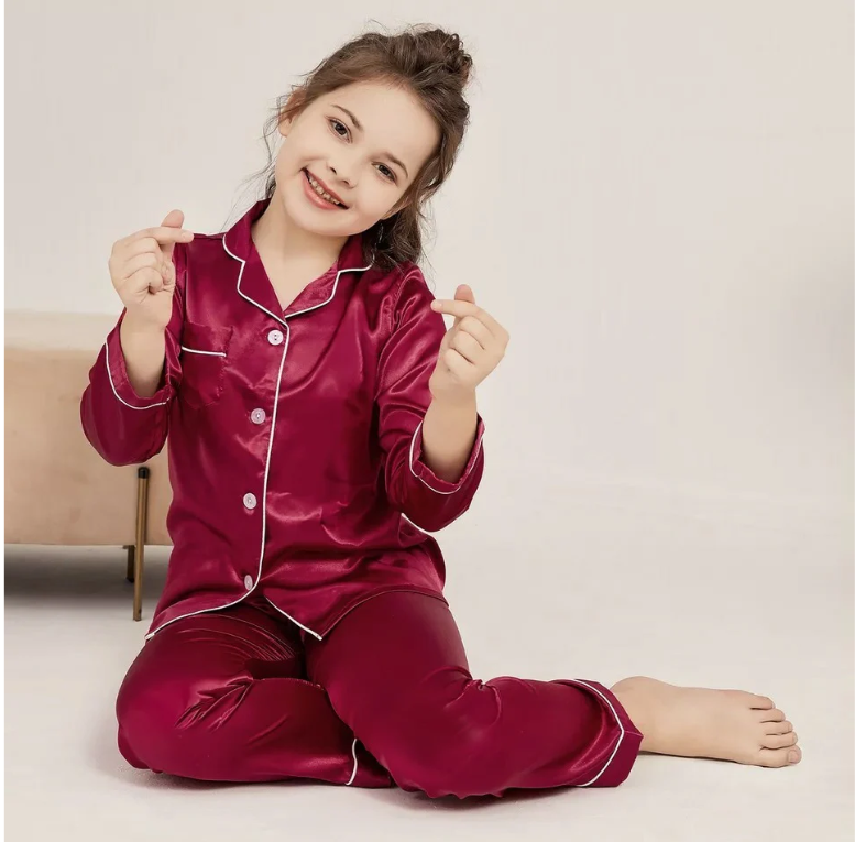 Kids Silk Night Suit - Maroon