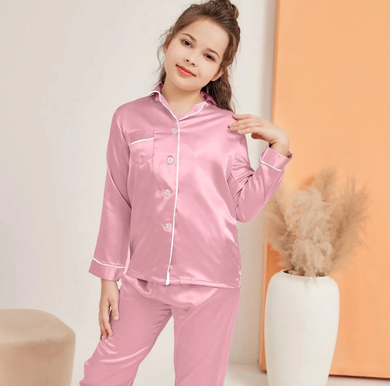 Girls’ Satin Pajama Set – Soft Pink, Long-Sleeve Nightwear