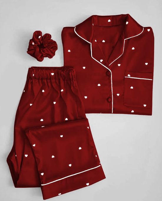 Red Premium Silk With Heart All Over Printed