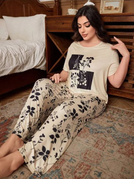 Floral Print Loungewear Set – Beige & Black