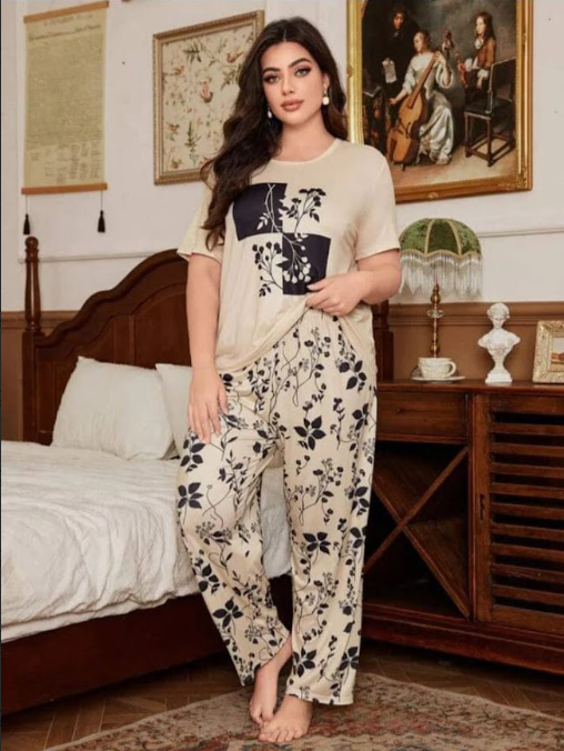 Floral Print Loungewear Set – Beige & Black
