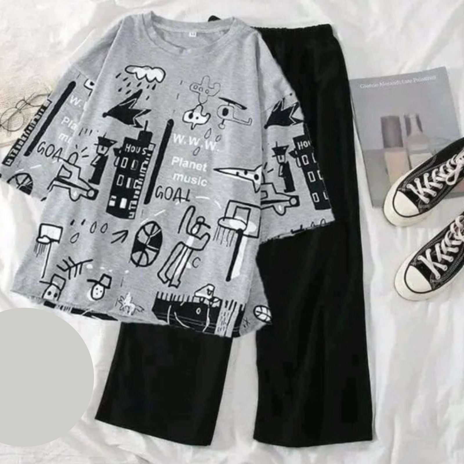 Cute Grey Winni The Pooh Printed Night Suit