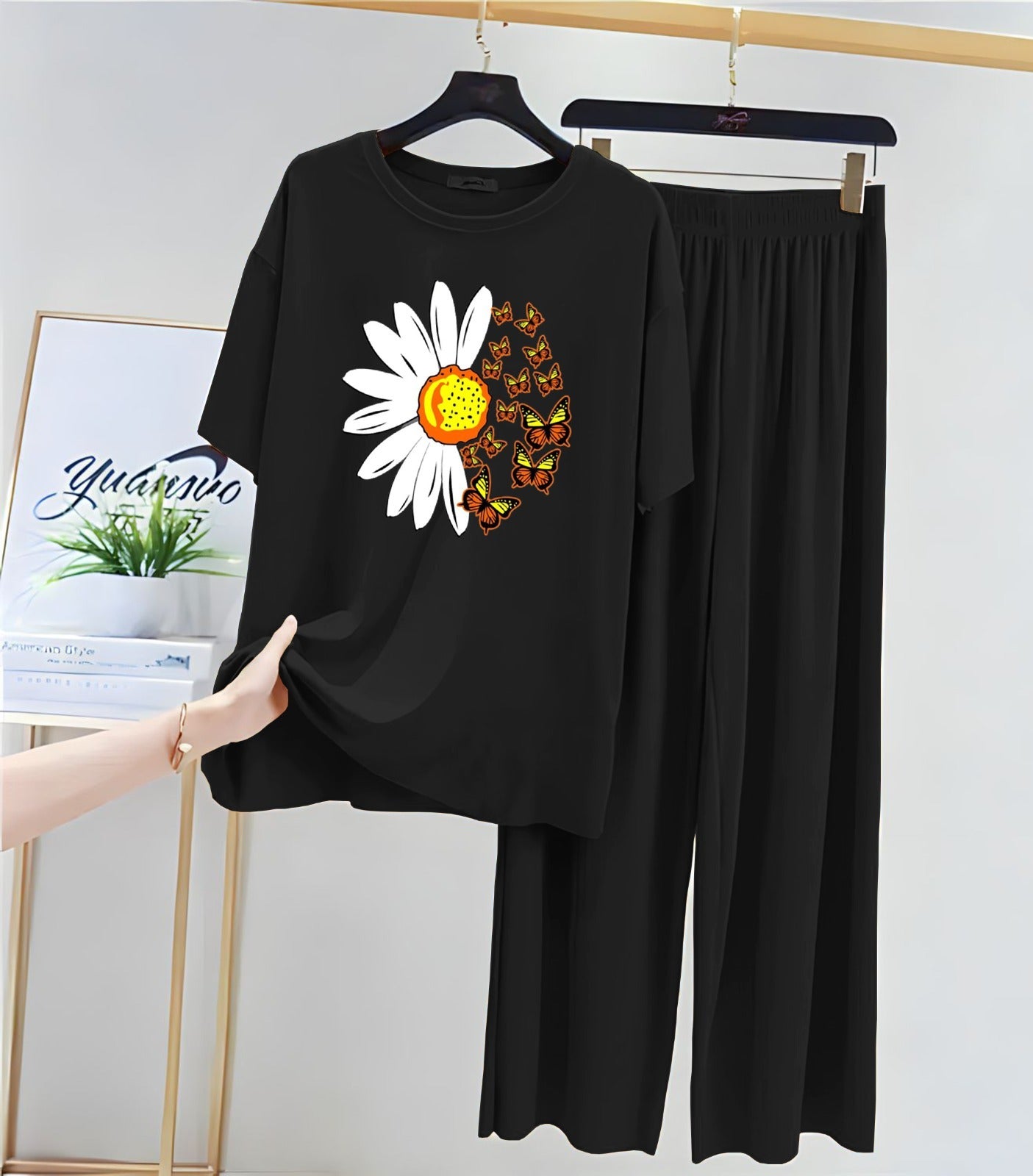White & yellow Printed Full Sleeves Black Frill with Black Palazzo Pajama Lounge Wear