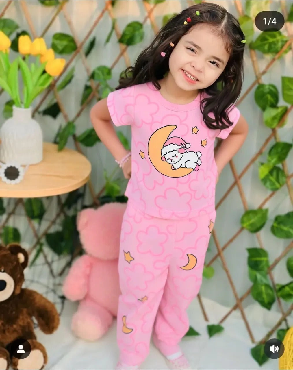 Kids Half Sleeves Pink Moon PRINTED NIGHT SUIT