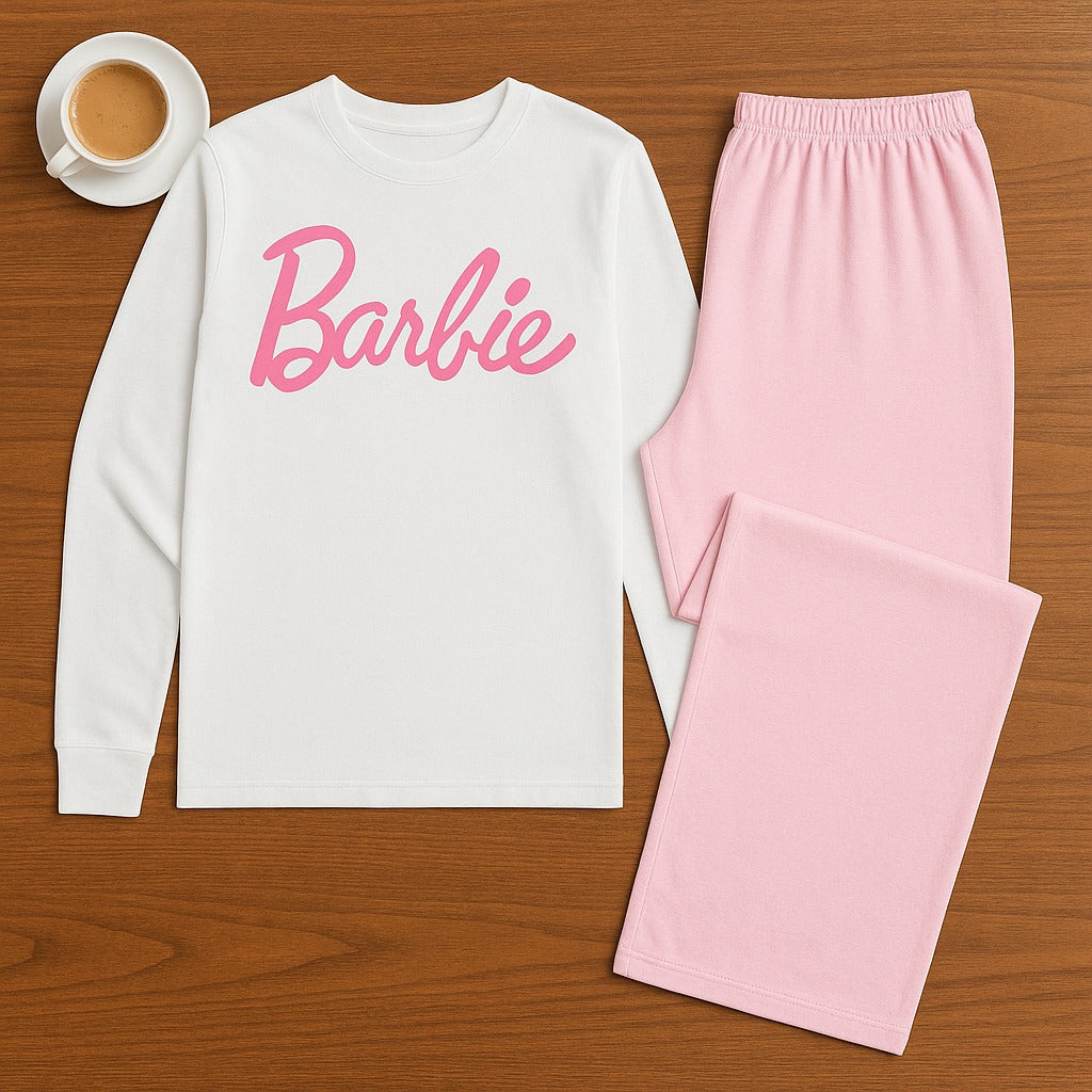 Kids Full Sleeves White Barbie Shrit Light Pink Trouser