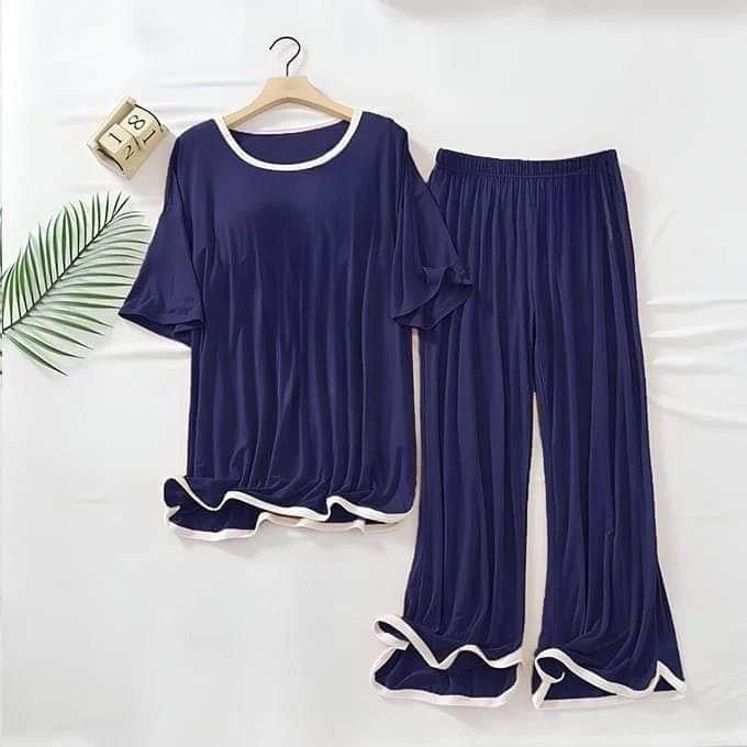Women’s Elegant Lounge Wear Set – Navy Blue with White Contrast Edges
