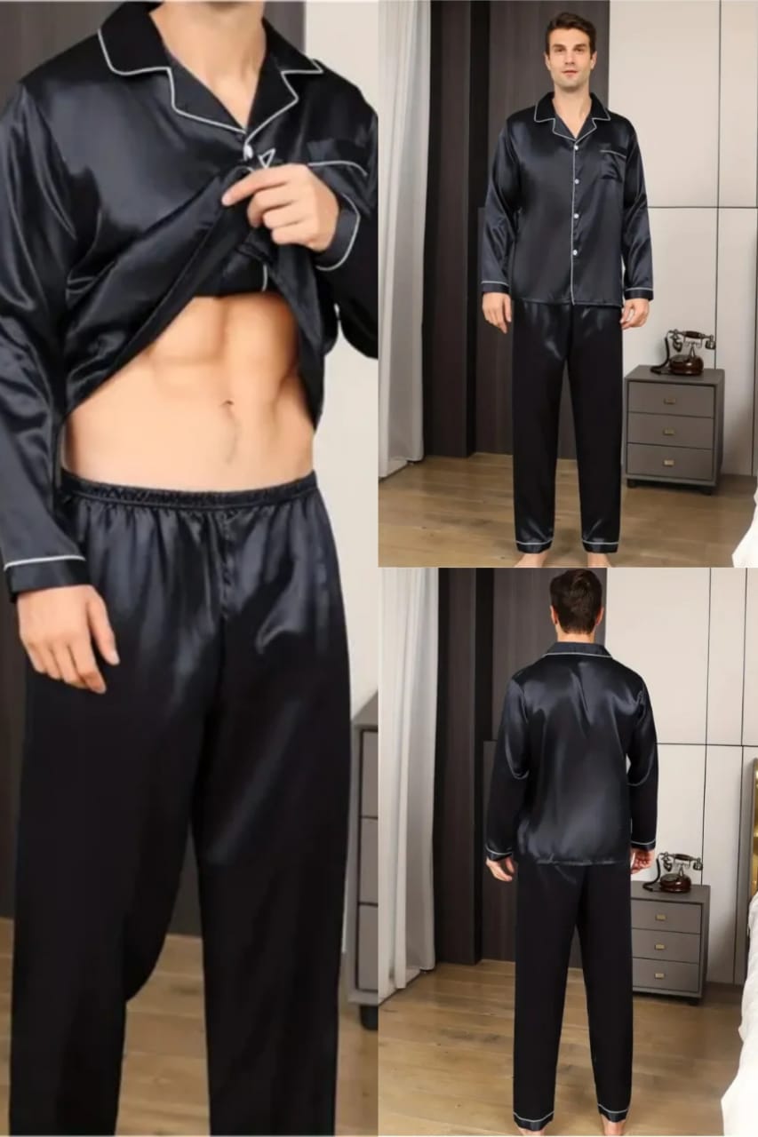 Men's Silk Night Suit - Black