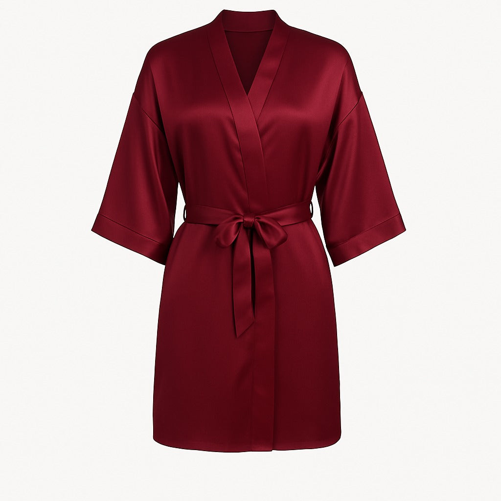 ✨ Elegant Wine Red Satin Kimono Robe – Gown